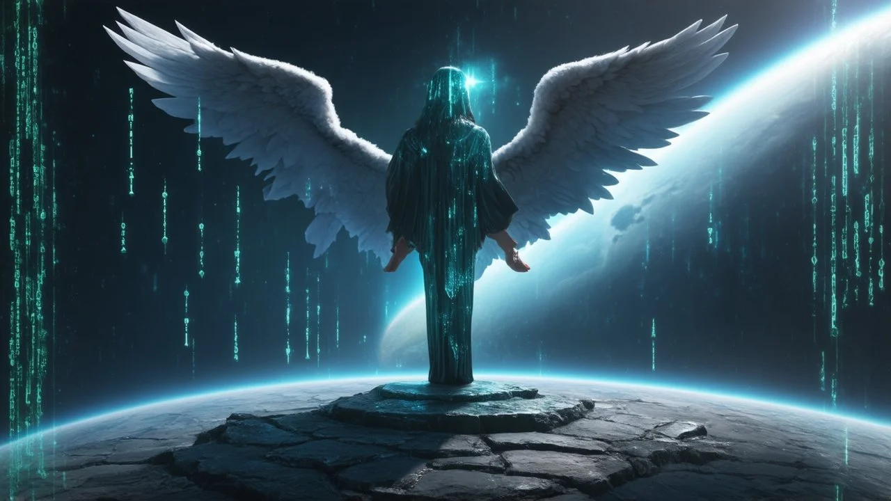 matrix codes and the back ground of the angels with wings siting on the monolith made of tiberium crystals of lights, matrix universe, space, planets