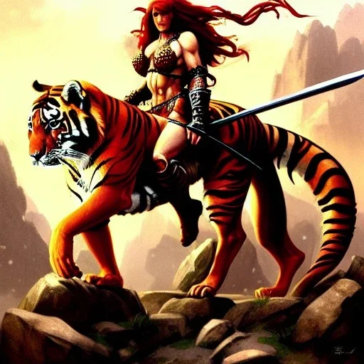 ultra detailed portrait of beautiful Red Sonja riding a Great tiger ,wearing plate armor, extremely detailed digital painting, in the style of Robert Howard and Earl Norem and fenghua zhong and ruan jia and jeremy lipking and peter mohrbacher, mystical colors, rim light, beautiful lighting, 8 k, stunning scene, raytracing, octane, trending on artstation