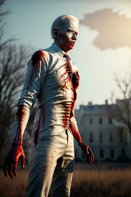 Ultra realistic image, joe biden zombie, zombie performance, blood, torn arm, night, walking twisted, waist up view, thriller style, dark ambient, highly detailed, White House background, concept art, unreal engine 5, god rays, ray tracing, RTX, lumen lighting, ultra detail, volumetric lighting, 3d, finely drawn, high definition, high resolution.