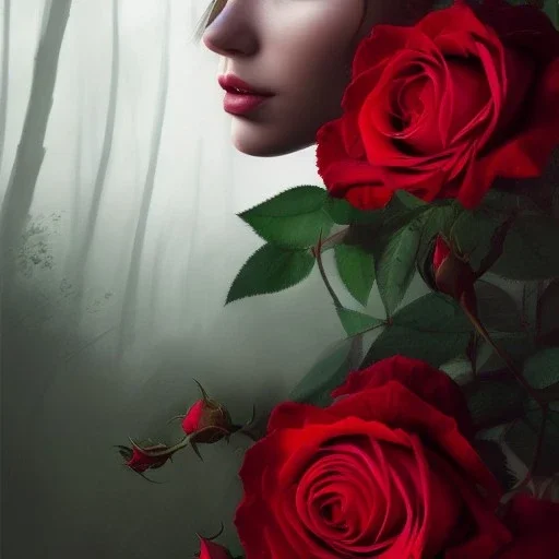 red roses beautiful girl,utra realistic,highly detailed, masterpiece, delicate detailed, sharp focus, insanely detailed, fantasy art, royalistic,elegant, fog, Special Lighting, Vibrant, color Scheme, forest, unreal engine, trending on artstation, ultra photoreal,high chaos --s 700