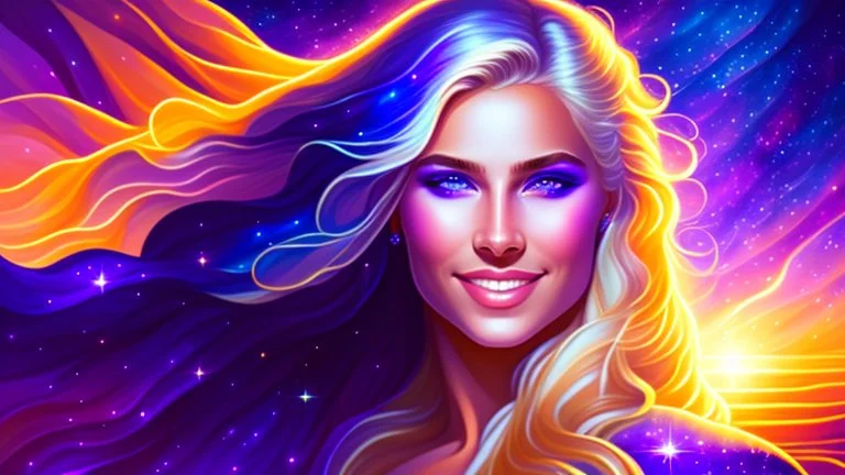 Full body portrait of a peaceful smiling gorgeous blonde Goddess of the galaxies with a blue indigo purple skin, high skul, luminous eyes in a galactic sunset