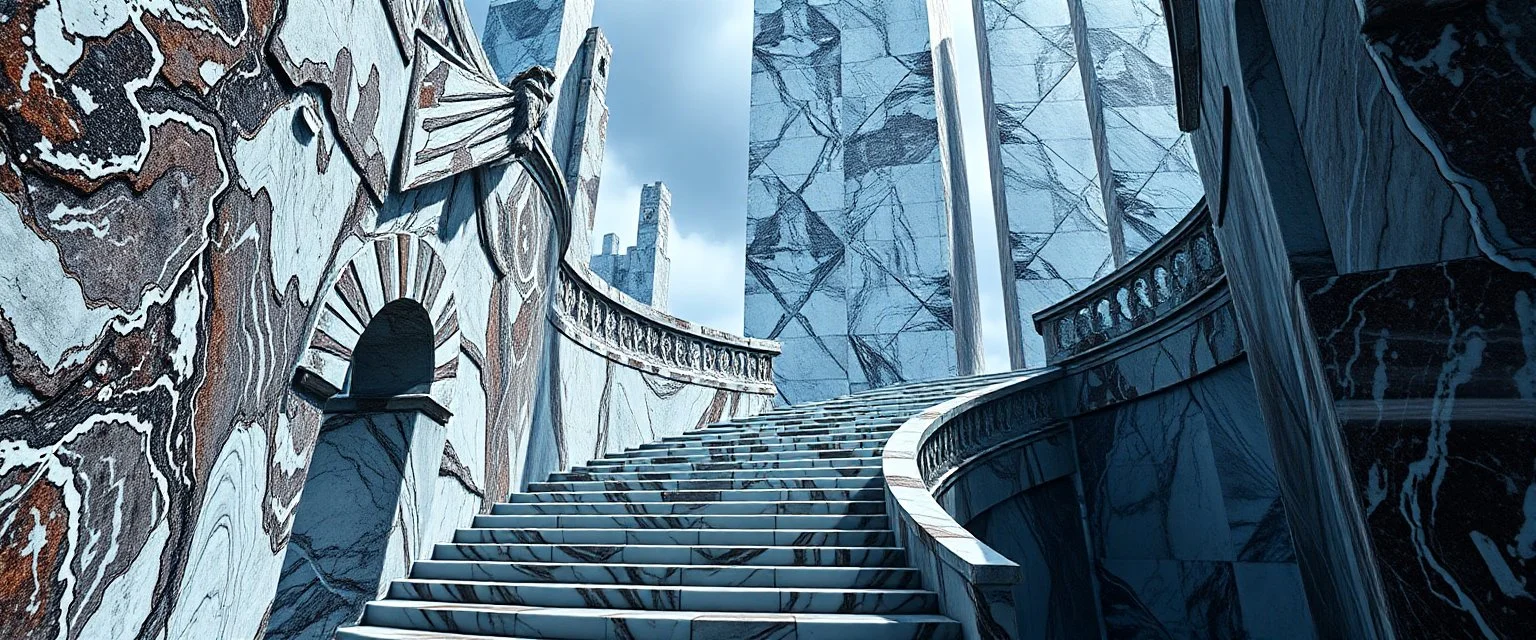the charoit, the fool and the tower tarot card disaster rendered in magnificient 4d glossy marble stones reflective and wet, like mirrors, winding stairs, watchers