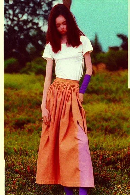 year 1996 denim fashion. Loose skirt, low waist. Colors: denim blue, blue, purple, cream, khaki, light green, lilac, plum, orange, terracotta, red, light yellow, lion yellow, pink, dark blue, beige. Gwen Stephani