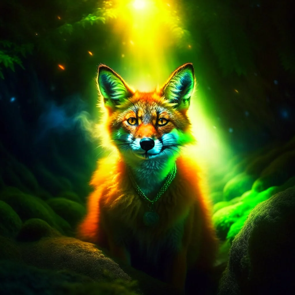 portrait of fox hippie pixie hovering in the underground grove glowing light, in the style of dali, 8k, down-light, soft light, depth of field, photo realism, trending on art station, high detail, smoke and fog