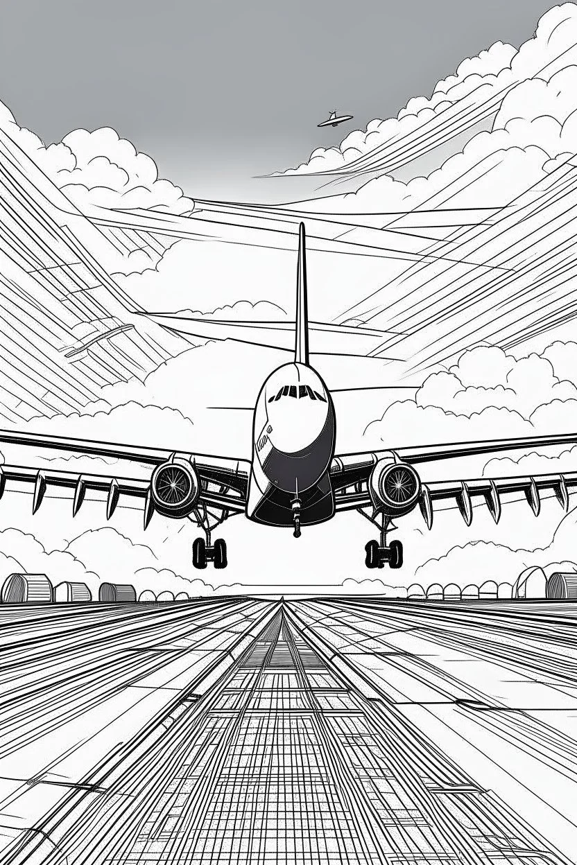 Outline art, no shading, aeroplane on the road, black and white, no shading, ow detail, --ar 9:11
