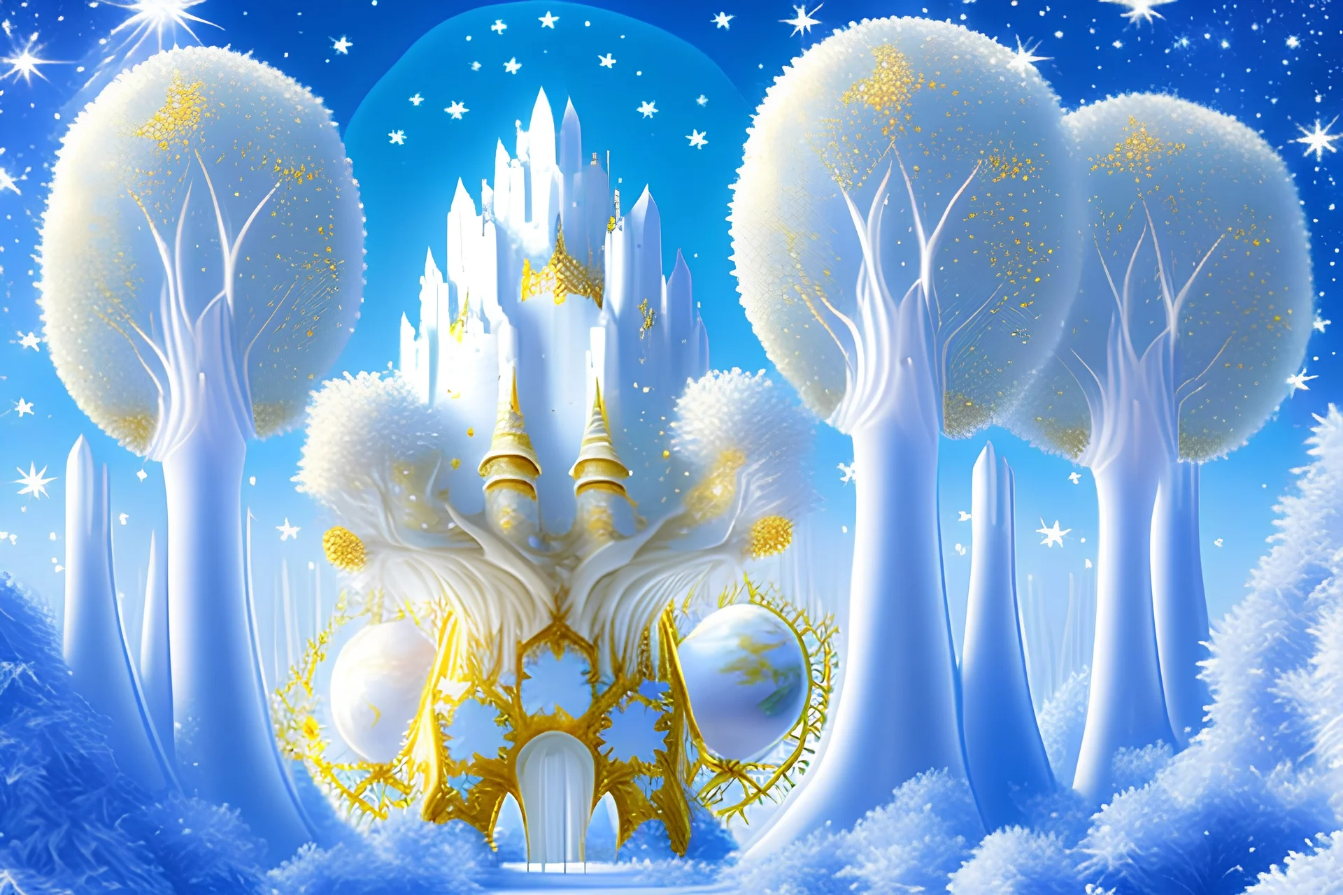 fairy big white castel white trees, , starred blue sky with silver and gold spaceships and planet