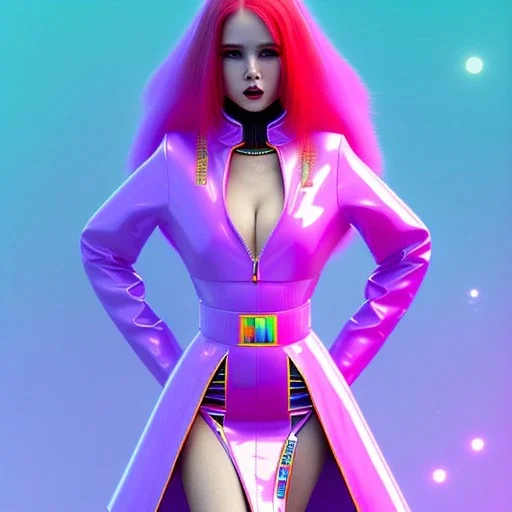 red hair woman, smile, purpurin, minimal latex dress, oversize velvet coat, gradient color, BLUE, PINK, CYAN, neon, insanely detailed, 16k resolution, perfect eyes, cinematic smooth, intricate detail