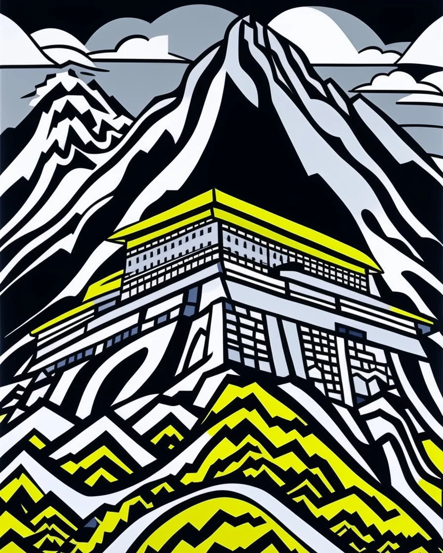 A gray ninja temple on a mountain designed in Mexican folk art painted by Roy Lichtenstein