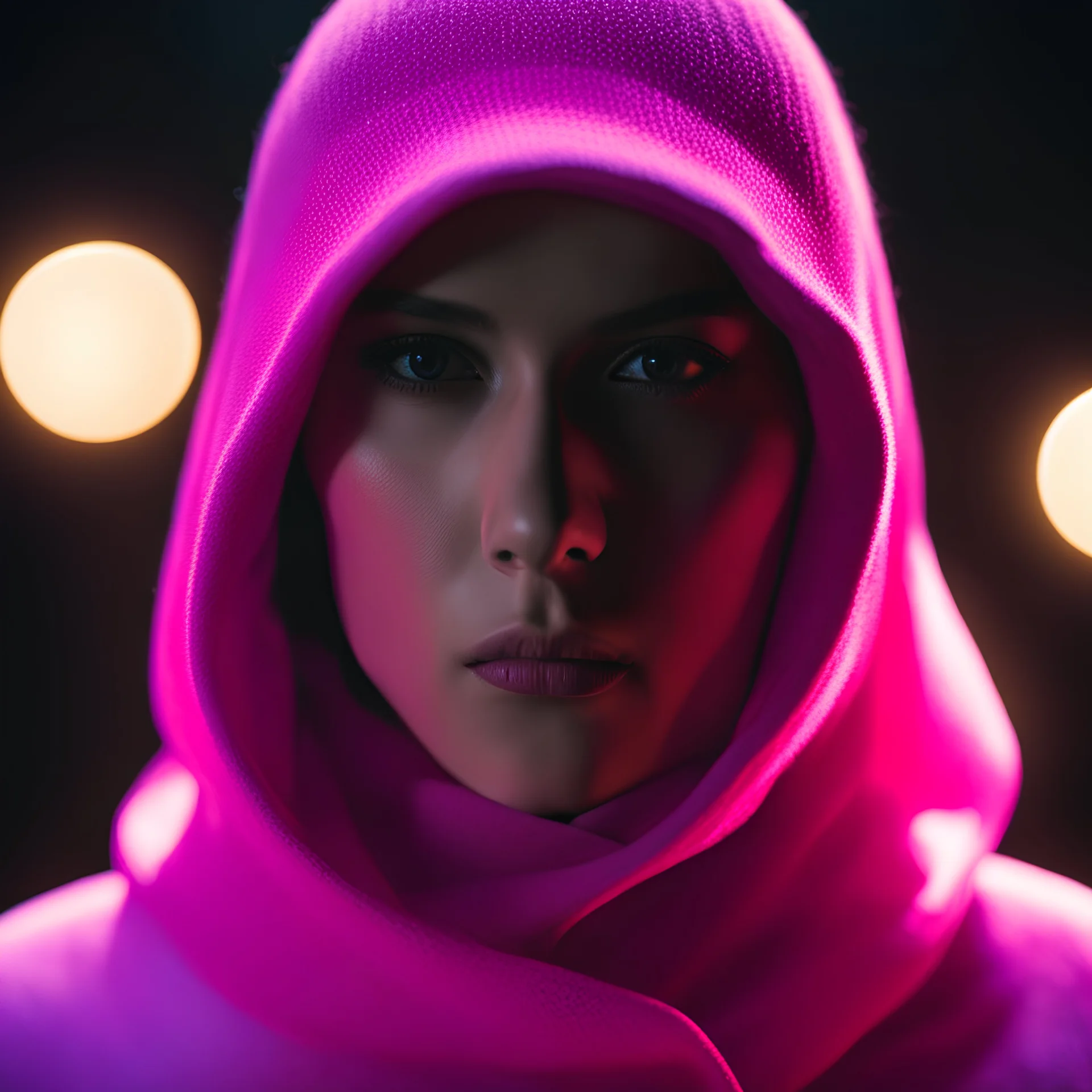 movie grainy still, 35mm, dynamic lens flare, ((( woman wearing a pink balaclava )), a single streak of light illuminating her face,