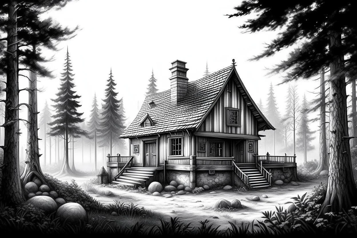basic pencil sketch of Hagrids house isolated in a forest clearing