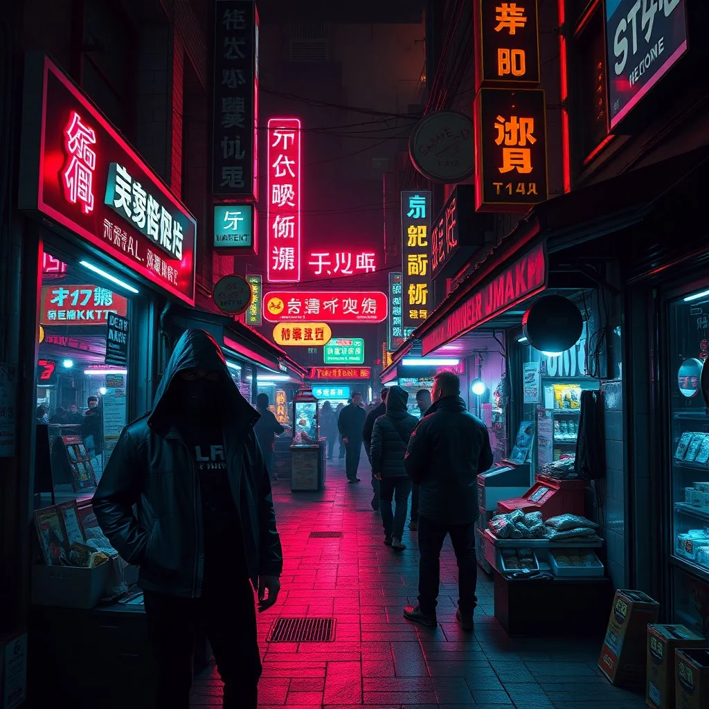 a dark market square, cyberpunk style, dodgy high tech salesmen, dark criminal mood, cyberpunk, neon