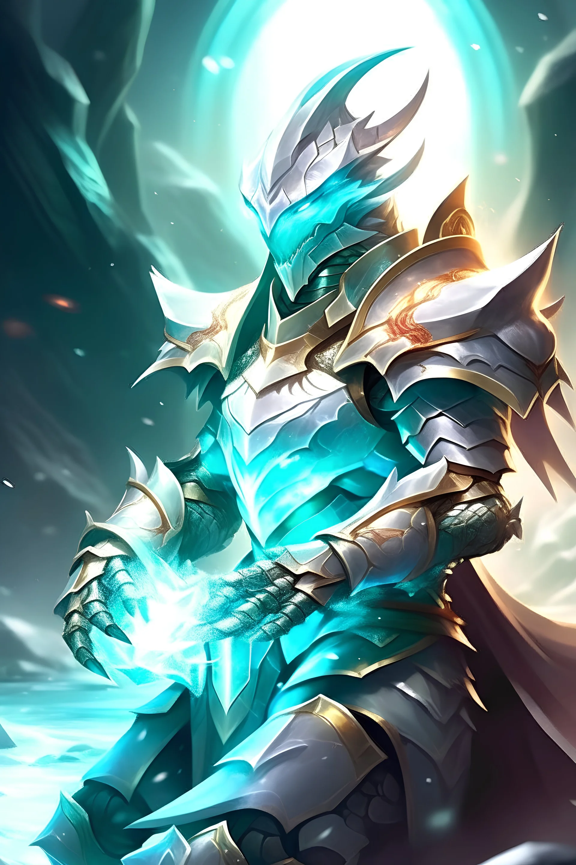 digital art crystal gem dragonborn paladin with bright white aura