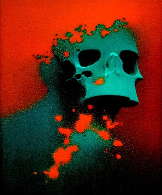 broken skull. black background. smoke and explode. particles in air. teal and orange. abstract. beksinski.