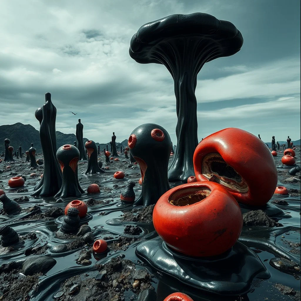 Photography of a random landscape with odd Yves Tanguy surreal forms, glossy, organic, creepy, strong texture, fiotti di liquido nero, horror, panic, obsessive, hypnotic