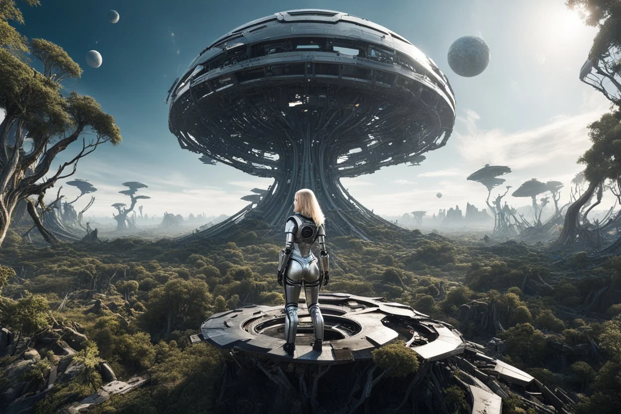 Wide angle photo of a slim sci-fi woman with blond hair, wearing a silver and black futuristic spacesuit looking android-like, standing on a derelict alien cloud tree jungle planet