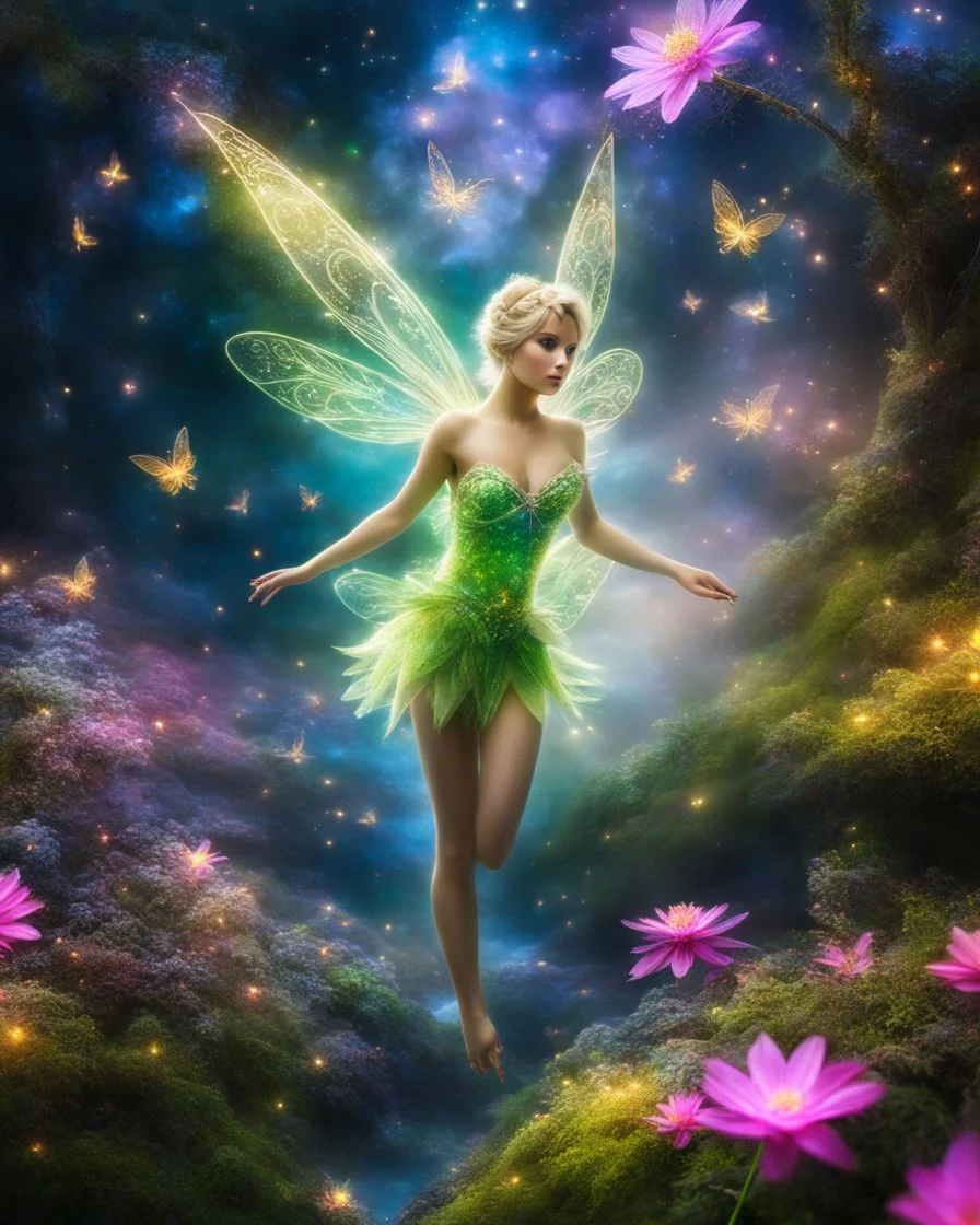 Beautiful Tinkerbell on flying in Landscape in a magical place with neon flowers and tiny fairies all in photography art