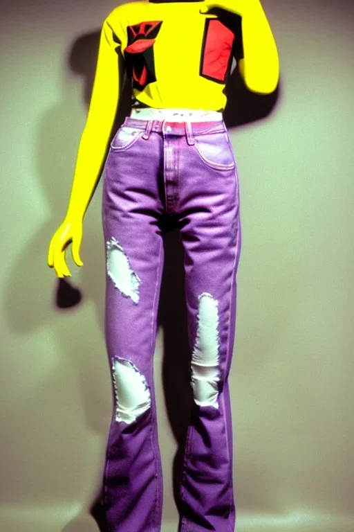 Photograph of a woman. Low waist jeans, baggy, 1996,1997,1998!Big serigraph print of a plant!Terracotta,cream,purple,lilac. Cream colored latex parts. imperial yellow, red plum stripes, only on the top half of t-shirt. European daft punk woman. Mantle is sewed of recycled Denim and sewed together of recycled polymer felt. lace, Yellow(Munsell) areas. hint of orange as effect color!!Big bright purple/khaki felt tippet and cream or blue or lilac colored-hood. mantle is merged with cobalt