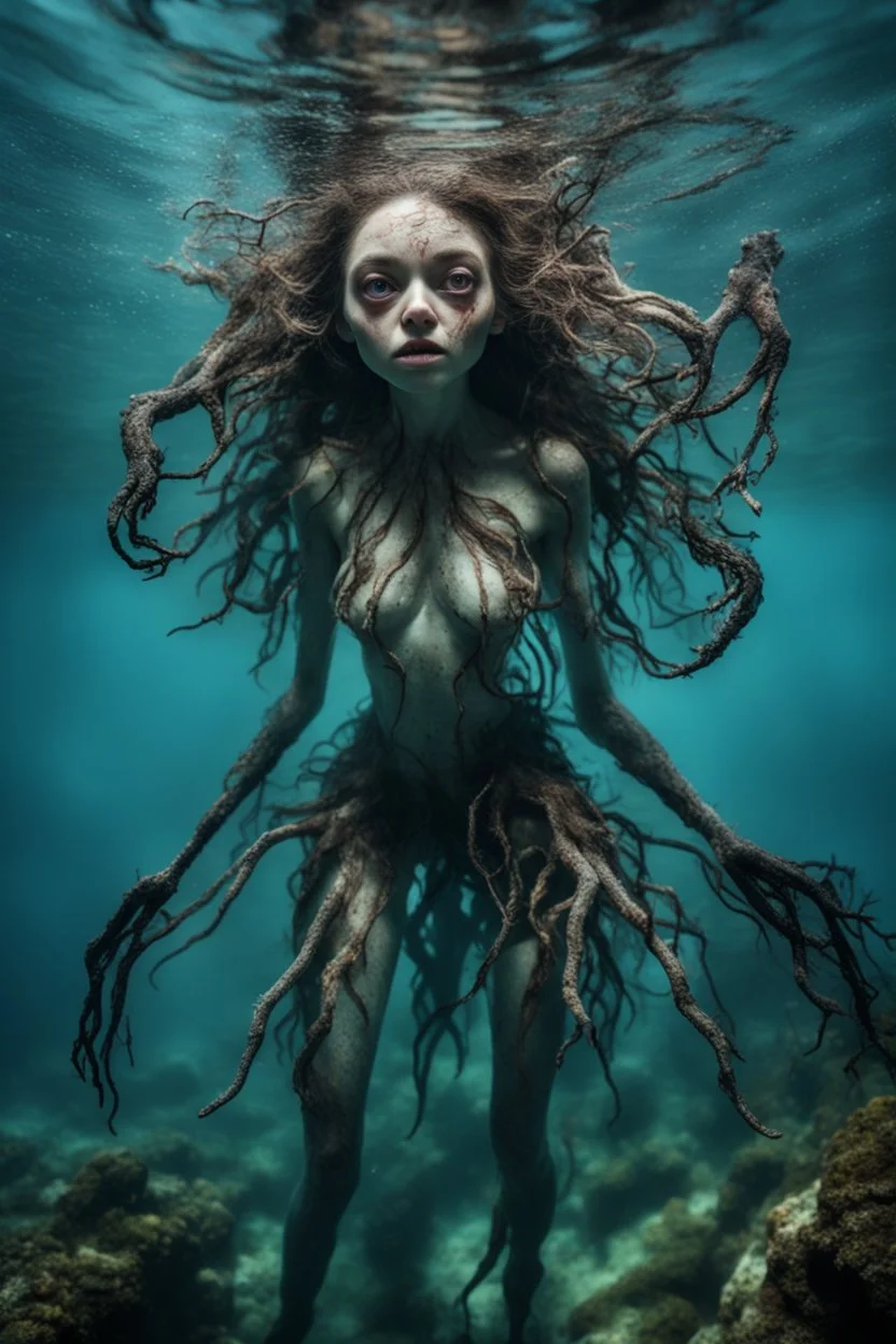 Underwater, closeup siren with big eyes, ragged clothes, fullbody, his skin translucent, black veins that extended like roots, 8k,macro photography,