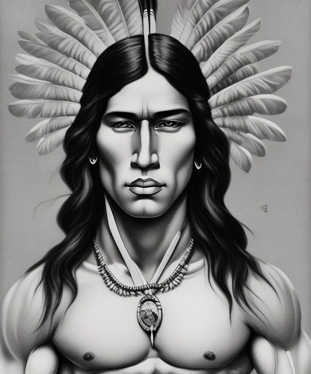 native american warrior, long black hair, big muscles, big half circular from shoulder to chest fabric piece