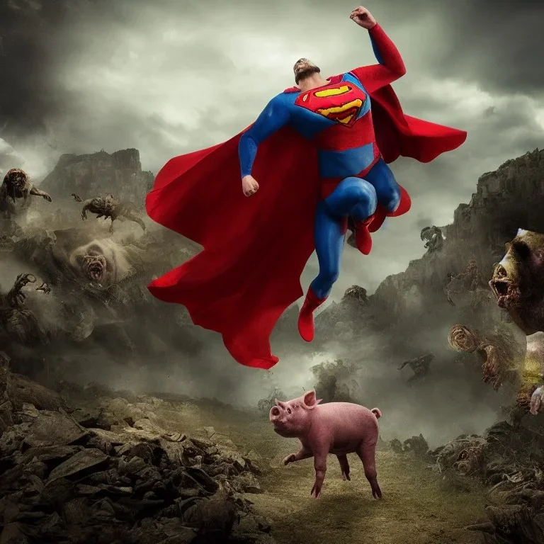 zombies approaching a mountain and a female pig with superman cape on top, realistic, movie style