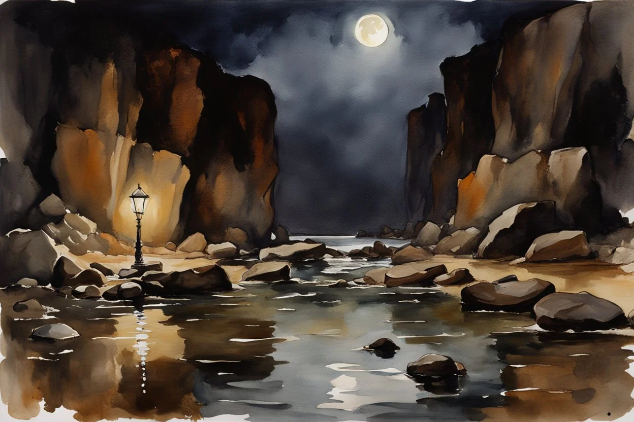 Night, rocks, gothic horror movies influence, puddle, mountains, epic, john singer sargent watercolor paintings