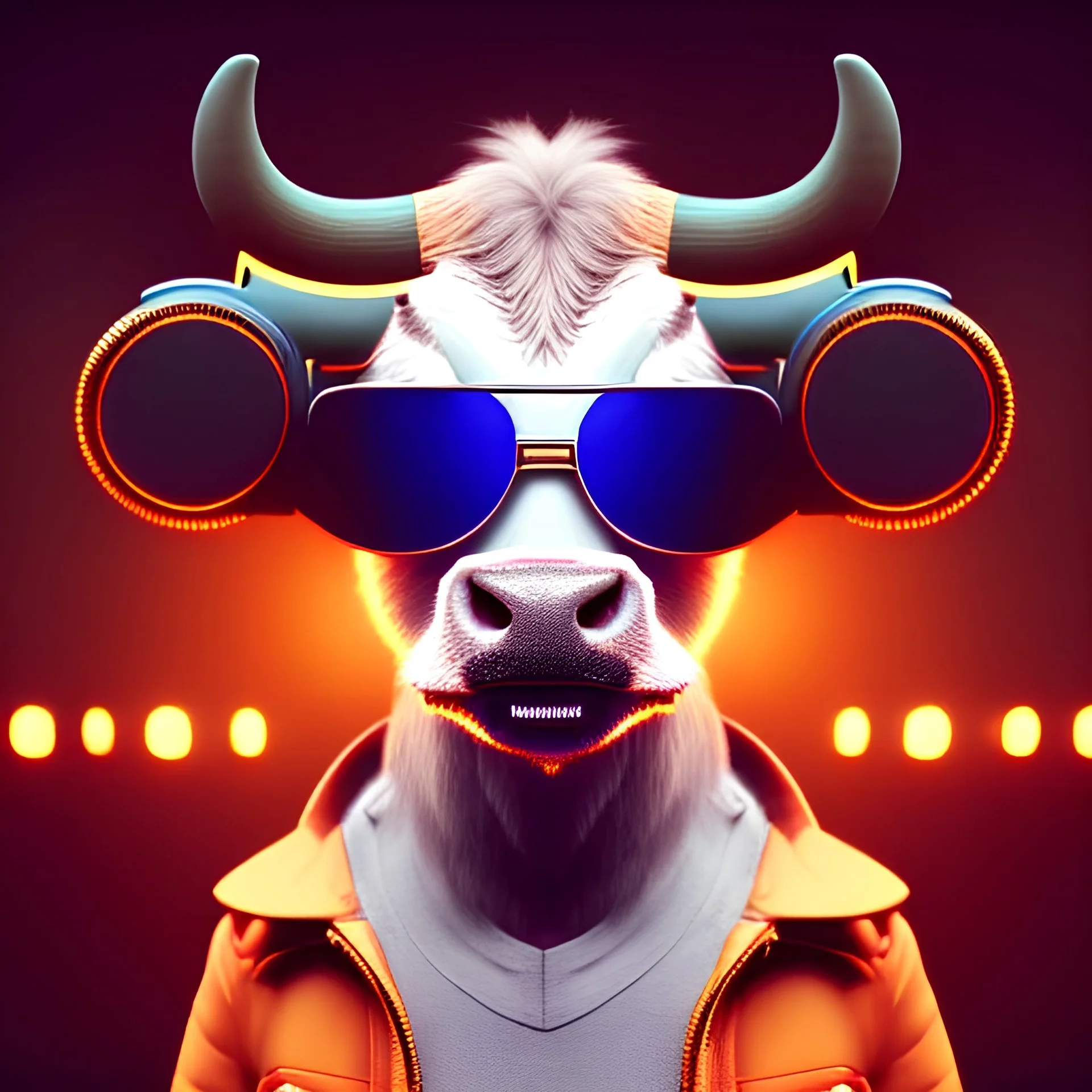 Cow toddler, smile, steampunk headphone, sunglass, gangsta neckless, full body, orange puffer jacket, tokio background, dramatic lighting, hyper realistic, unreal engine 5, 16k