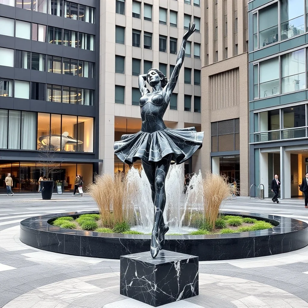 photo of a statue of ballerina made of black marbel in a modern city center