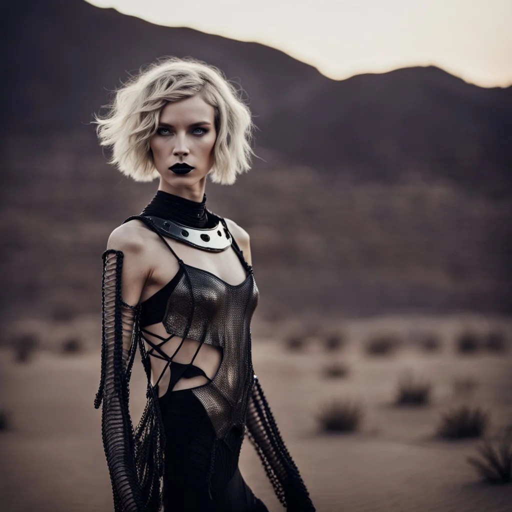 beautiful caucasian half cyborg woman, black metal body and limbs, chrome details, anorexic figure, short blond wavy bob haircut, dystopian, desert scene