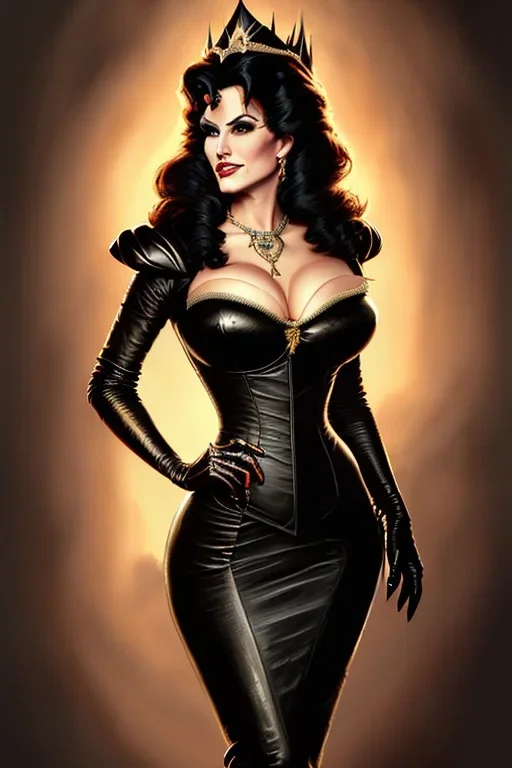 painting of lisa ann as evil queen in black leather gown, feminie, angry, stern look on her face, volouptous, busty, cleavage, emperious, mature, highly detailed, digital painting, artstation, concept art, smooth, sharp focus, illustration, art by gaston bussiere and alphonse mucha