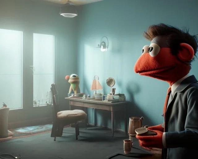 Room scene, muppet head with realistic body detective man, realistic photo, concept art, retro style, smooth, unreal engine 5, god lights, ray tracing, RTX, lumen lighting, ultra detail, volumetric lighting, 3d.