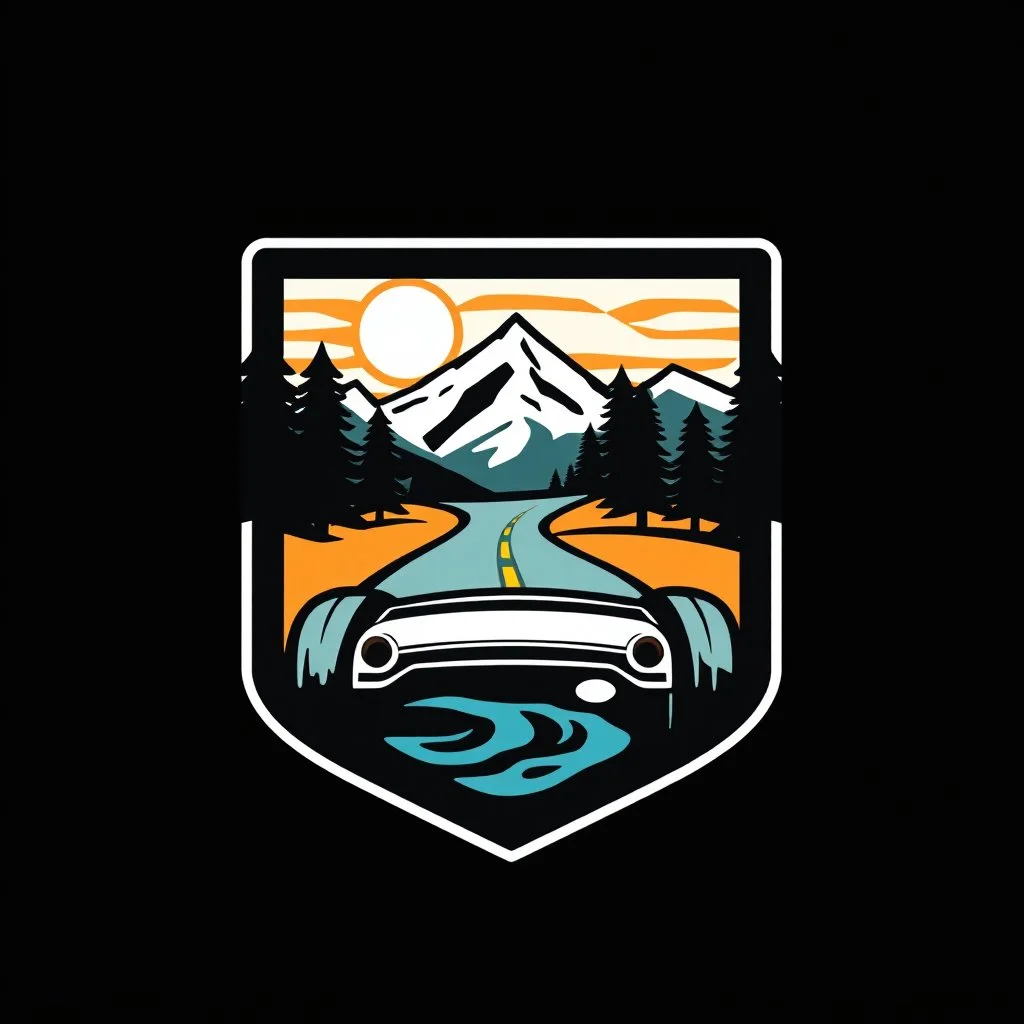 logo for a shop that installs tires and does oil changes, elements of beautiful park drives and gasoline engine insides. all inside a shield shape with squared top and rounded bottom, in the style of national parks stickers