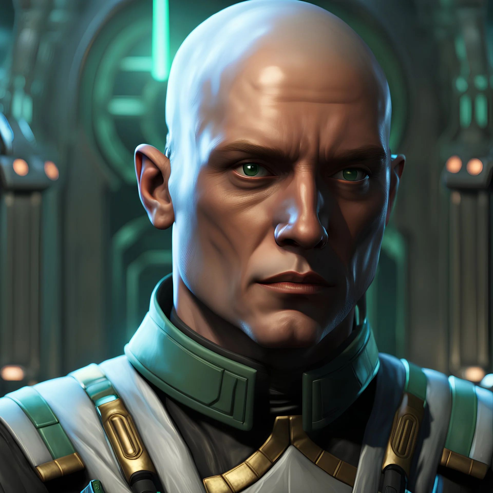 star wars bald male corellian jedi pilot wearing black and olive drab old republic armored flightsuit with gold trim inside the jedi temple holding a lightsaber with viridian green blade in left hand, centered head and shoulders portrait, hyperdetailed, dynamic lighting, hyperdetailed background, 8k resolution, volumetric lighting, light skin, fully symmetric details