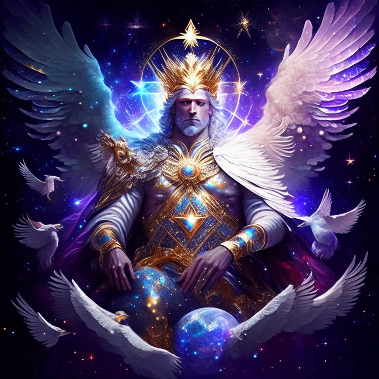 God-like man with infinite power who owns the galaxies and wears a beautiful crown, a jewel of diamonds and galaxies with weapons riding on a creature with an eagle head and eagle wings and eagle hands