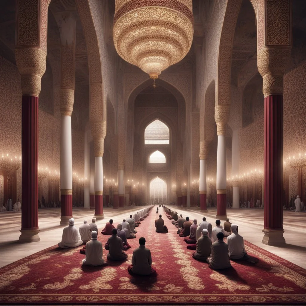 Hyper Realistic lots of Muslims praying-in-symmetrical-order inside a huge Mosque-hall-with-white-&-maroon-walls-&-fancy-pillars decorated with traditional-lamps & beautiful carpets at night showing dramatic-&-cinematic-ambiance