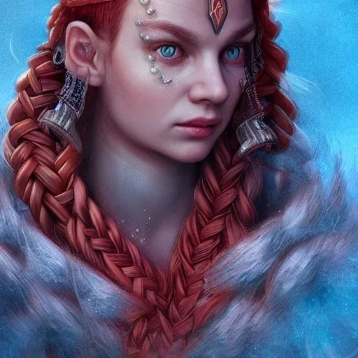 highly detailed girl viking queen portrait, red glass armor, blue delicate braided hair, cinematic lighting, 4k, 8k, octane render, digital concept art, trending on artstation, pinterest, extremely detailed, ambient lighting.