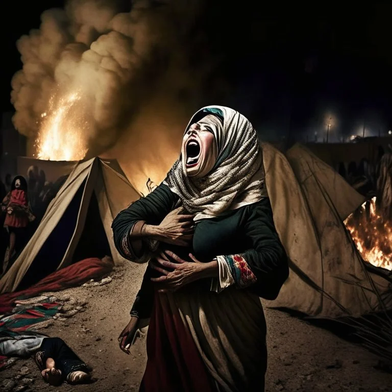 A Palestinian woman wearing the Palestinian dress carries her dead son as she screams and cries at night, with explosions in refugee tents behind her.