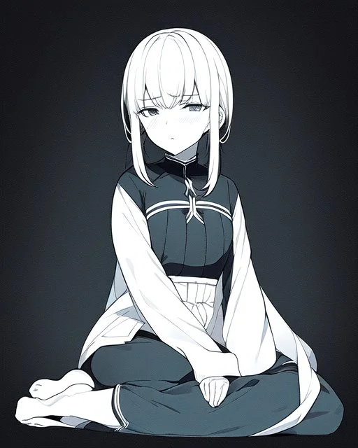 sad, black and white, anime girl sitting with full black background