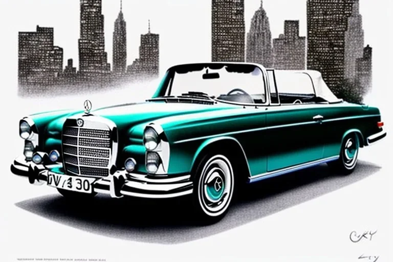 a true-to-life 1962 Mercedes Benz 300SE Convertible, centered, intricate, extreme detailed, photorealism, center view, city background, pivot on mercedes, pen and color marker, painting by cheryl kelley