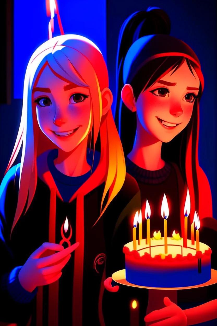 spiderman into the spider verse tarzı 17 yazan mum ile doğum günü kutlayan 2 kız birinin saçı kısa karakterlerin görüneceği kadar aydınlık soldaki kızın saçı daha kısa yüz ifadeleri değişsin gölgelendirme ekle