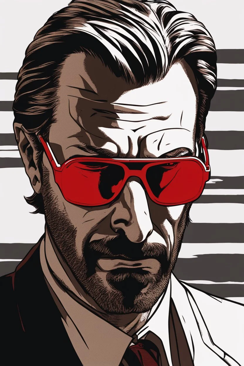 an muscular and menacing Hans Gruber wearing red-tinted glasses