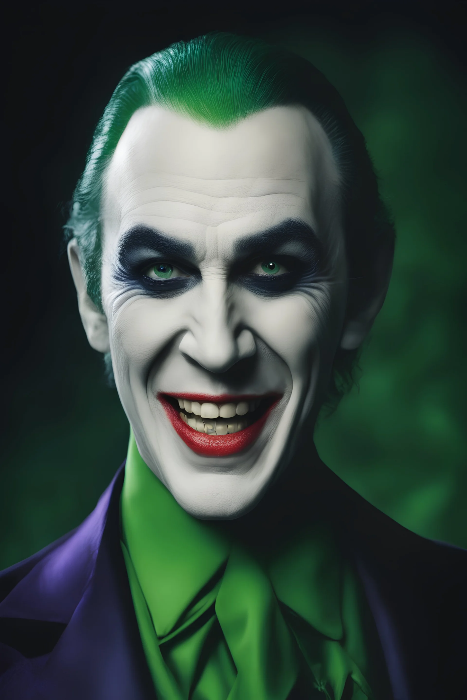 Bela Lugosi as Count Dracula the Joker, laughing, green hair - Blue eyes - full color - 32k, UHD, 1080p, 8 x 10, glossy professional quality digital photograph - dark foggy gradated background, historic, powerful, octane rendering, exquisite detail, 30 - megapixel, 4k, 85 - mm - lens, sharp - focus, intricately - detailed, long exposure time, f8, ISO 100, shutter - speed 1125, diffuse - back - lighting, ((skin details, high detailed skin texture)),