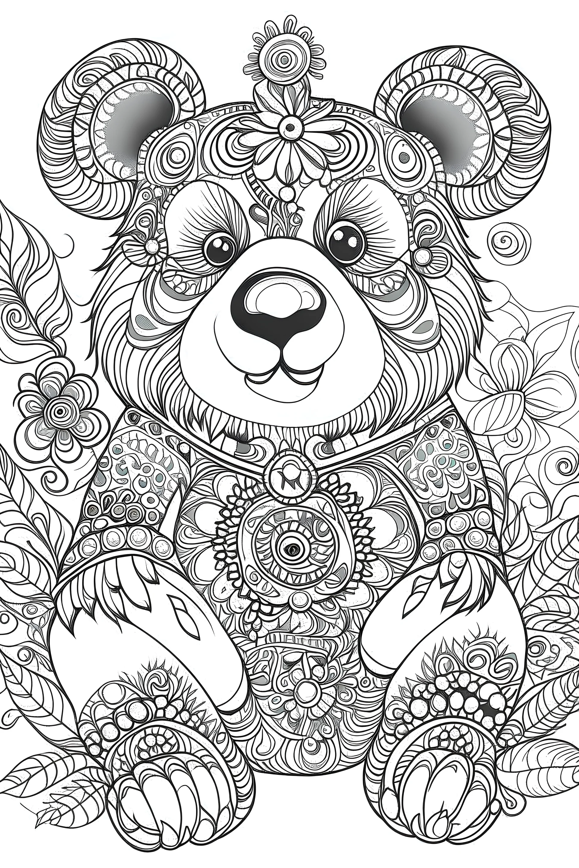 Outline art for coloring page, HIPPIE TEDDY BEAR, coloring page, white background, Sketch style, only use outline, clean line art, white background, no shadows, no shading, no color, clear