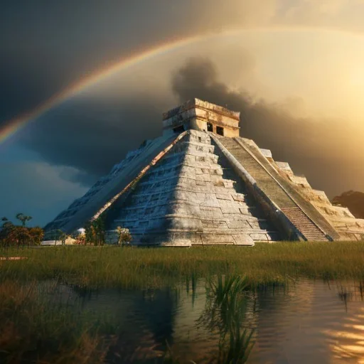 Chichen Itza, sunset, rainbow sunset, waterfall palms twigs spring sunset rainbow bridge birds unreal engine 5, realistic, hyper detailed, 8k