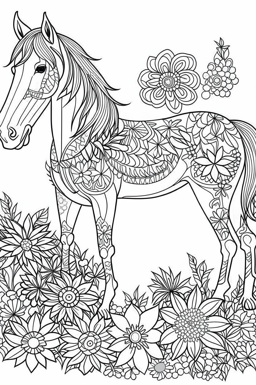 outline art for horse coloring pages with horse and flowers, white background, Sketch style, full body, only use outline, clean line art, white background, no shadows and clear and well outlined