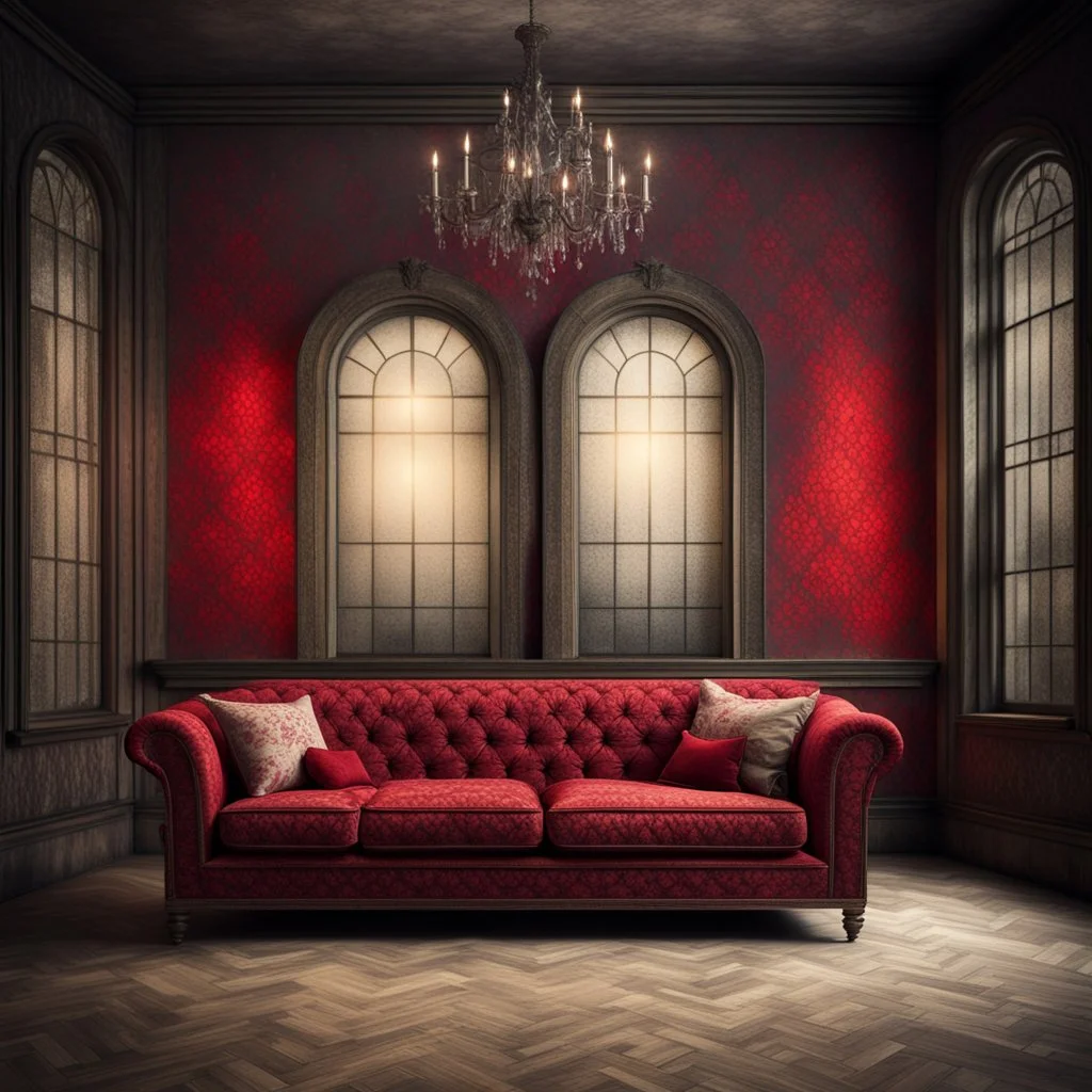 Hyper Realistic Dark Fancy Lounge with Fancy Couch & Grungy Red Damask Texture on Rustic off-white Wall with peeling & vignette effect at night from vintage windows