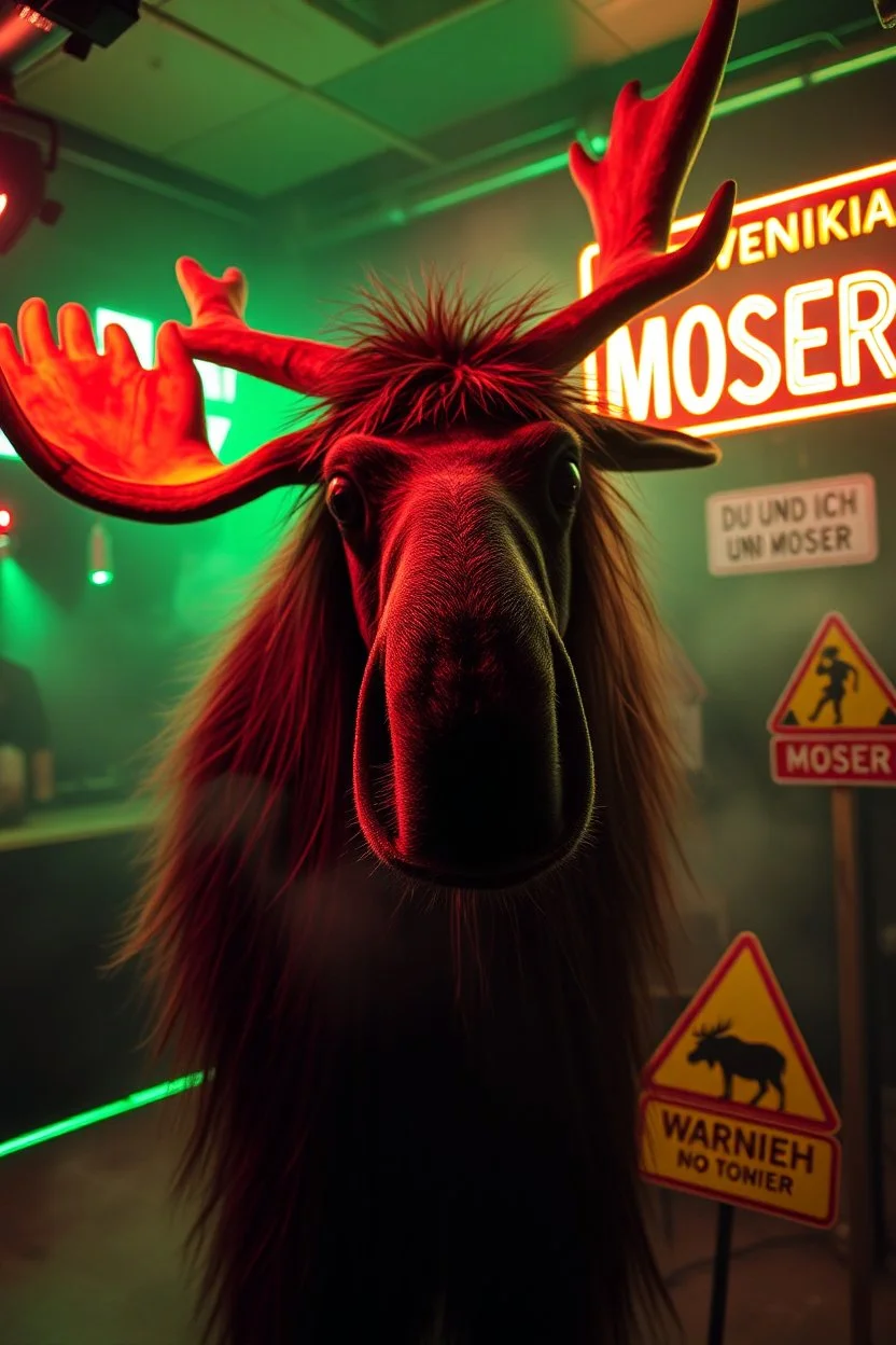 An big female moose with big eyes "Veronika Moser" performing at dance club, her name is "Moser" HAIRY FRUITS EVERYWERE On stage, Green Neon lights and smog, and "VERONIKA MOSER" big sign on the wall, "DU UND ICH UND MOSER" red plate sign, Swedish Yellow warning sign with moose
