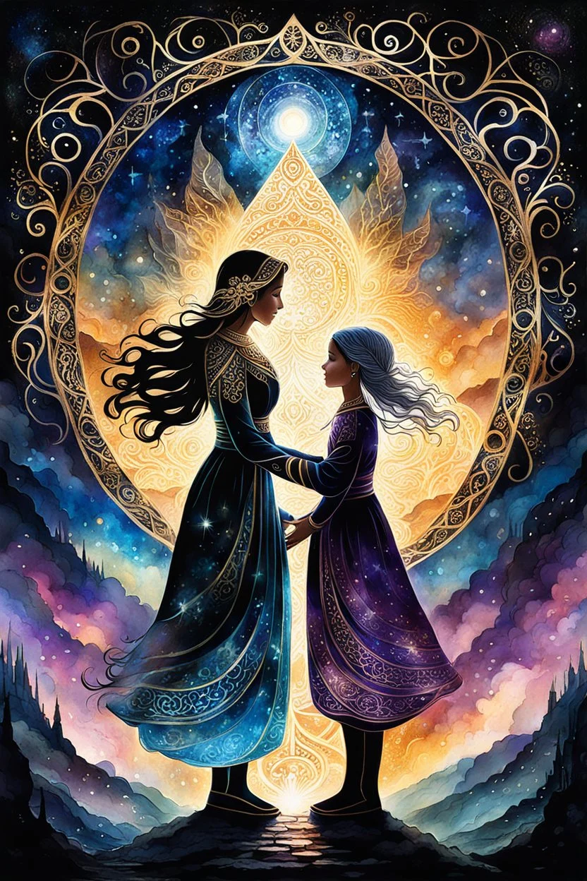 a younger girl and her older mother in an mystic of eight shining, glittery shadows shape, etheral, generations, love, embracing each other, touching, mystic relationship, expressive illustration of the mother-daughter relationship detailed matte painting, deep color, fantastical, intricate detail, splash screen, fantasy concept art, Gouache Style, Watercolor, Epic, Masterpiece, Thick Brush Strokes, Impasto Gouache, thick layers, Soft muted colors, beautiful details, spiritual design