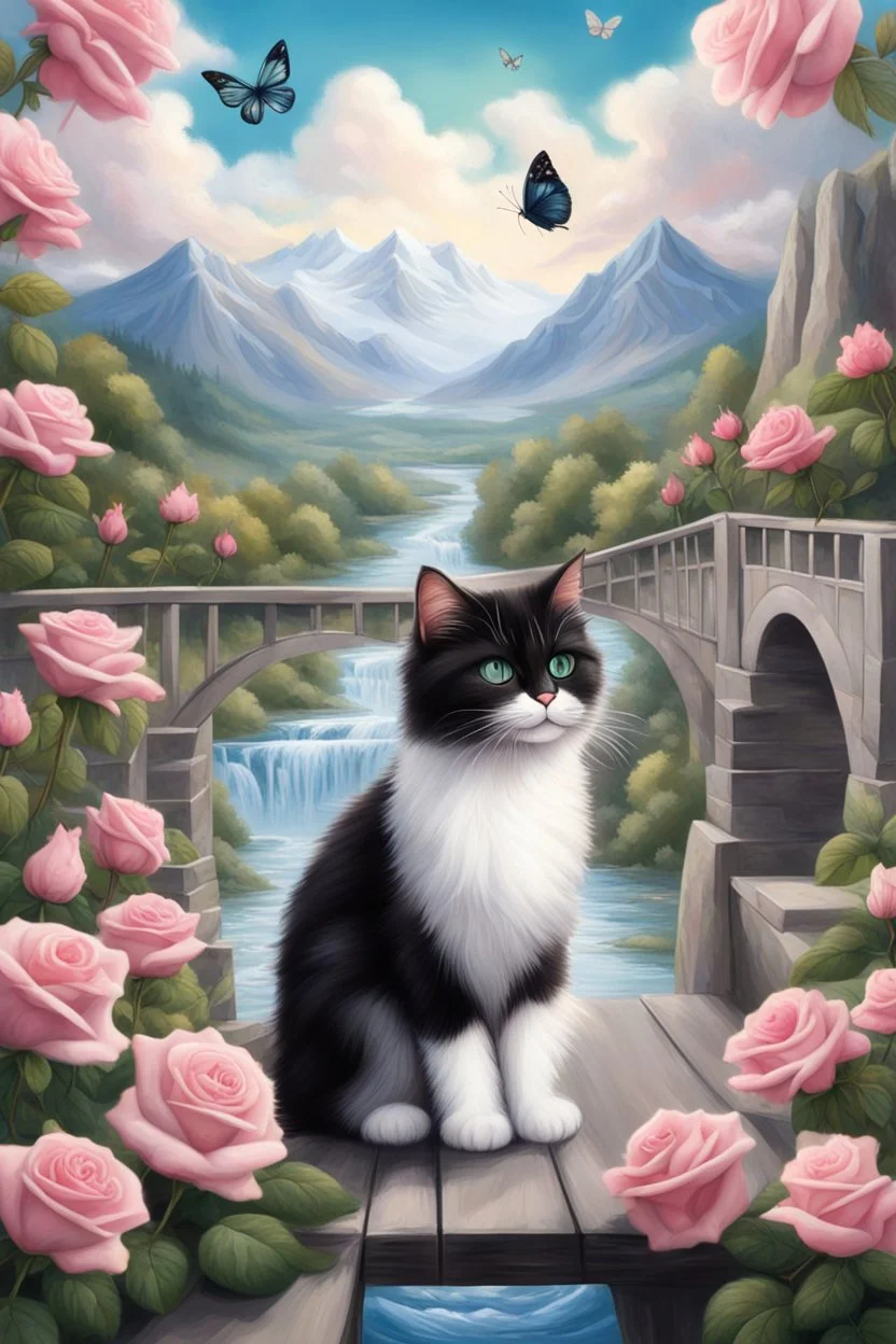 in the center: 7 beautiful fat fluffy black and white cats with green eyes sitting on a bridge, under the brigde flows a small blue river; background: landscape with dramatic mountains and white clouds, butterflys flying in the sky; first plan: pink roses;