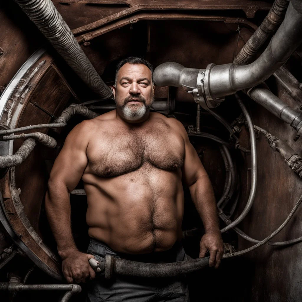 full figure shot photography, ugly turkish chubby plumber repairs boiler, burly, shirtless, hairy allover, manly chest, muscular big beefy 44 years old, dressed in boxer, big thighs, seen from below, frontal view, ambient occlusion, side light