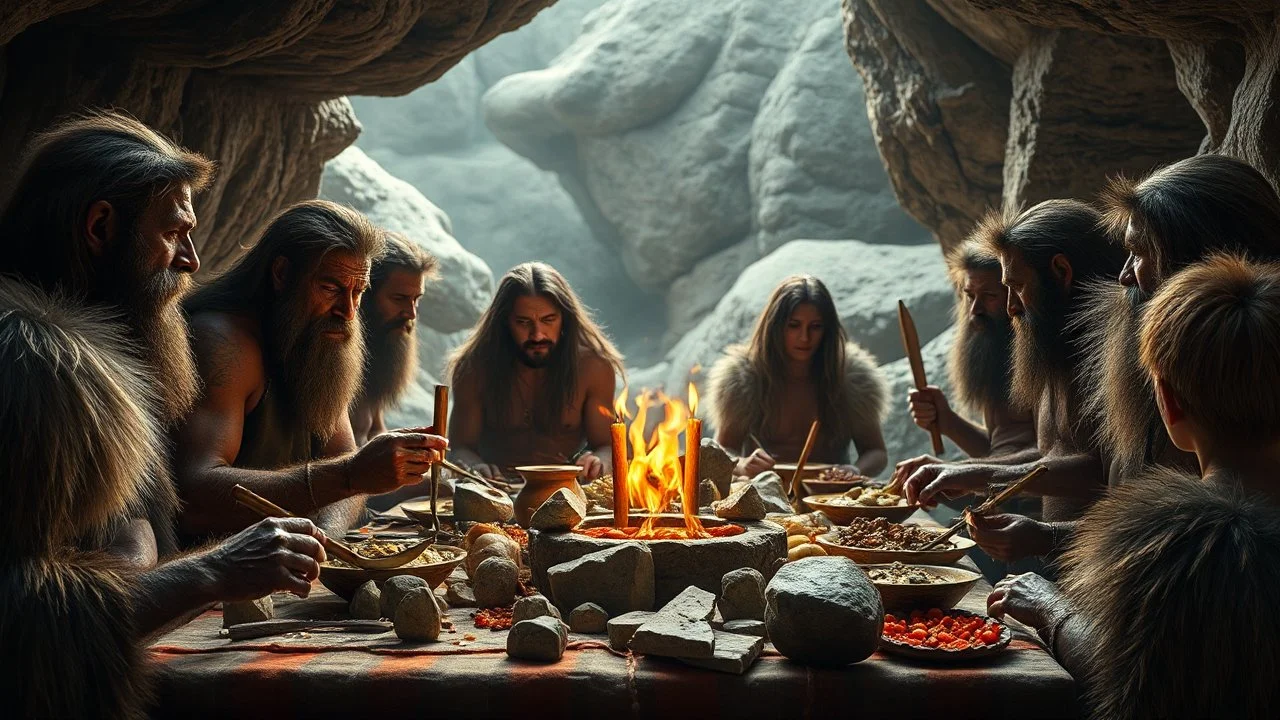 A stone-age feast, Paleolithic banquet, stone utensils, Neanderthal men, women and children, fur garments, mammary exposure, award-winning photograph, exquisite detail and realism, exquisite composition, beautiful detailed intricate detailed octane render, 8k artistic photography, photorealistic, spectacular, thrilling, excitement, perfect light, chiaroscuro, award-winning photograph, masterpiece